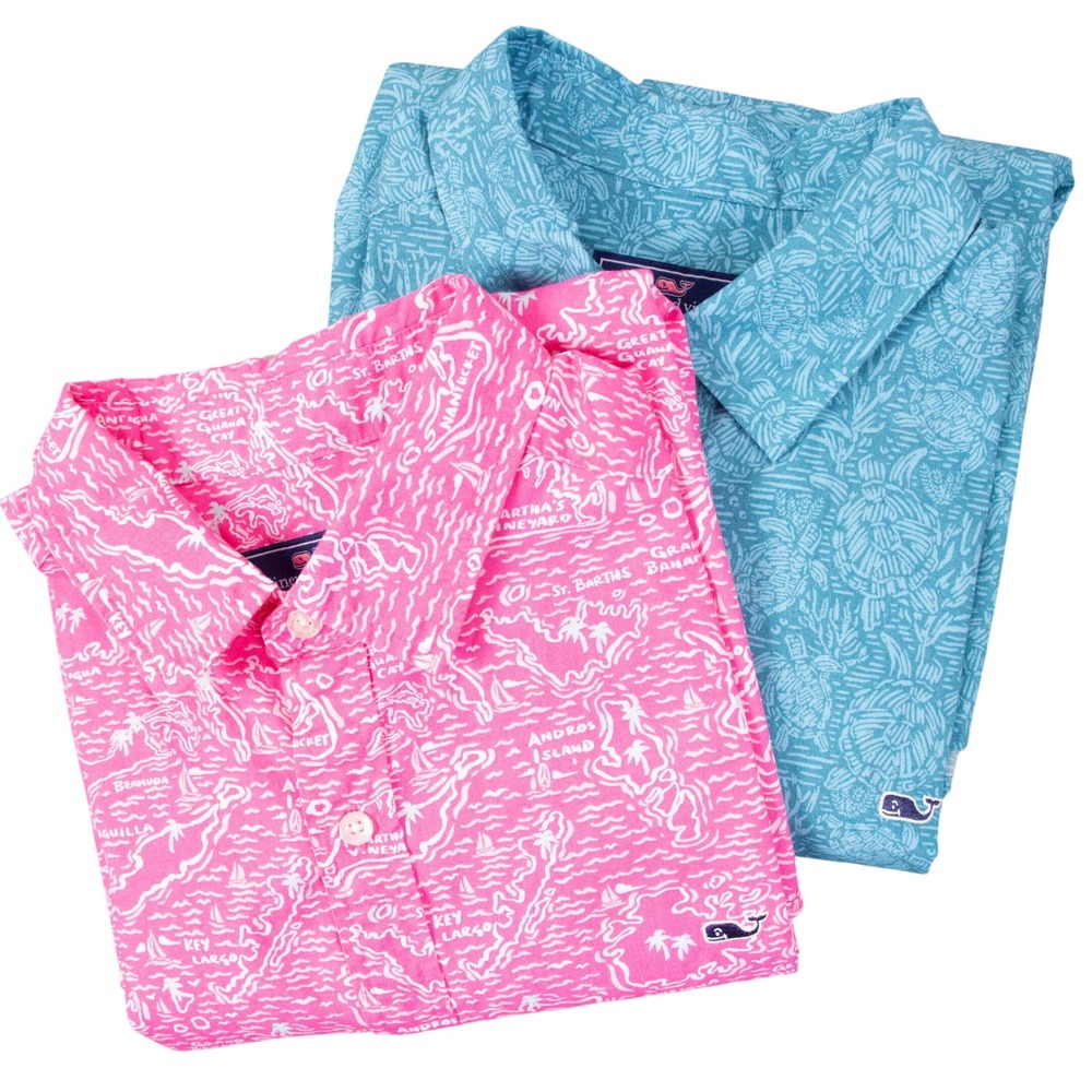 Lot of 2 Vineyard Vines Mens Classic Fit Whale Shirt Pink Blue M Map Turtle